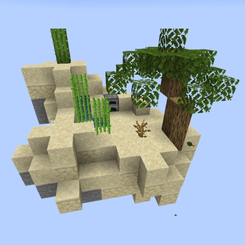 Île double Skyblock avec une partie désert (sable, cactus, canne à sucre)